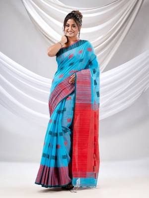 Sky Blue Cotton Handspun Soft Saree With Nakshi Design 2