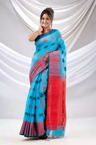 Sky Blue Cotton Handspun Soft Saree With Nakshi Design