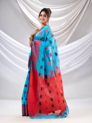 Sky Blue Cotton Handspun Soft Saree With Nakshi Design 3