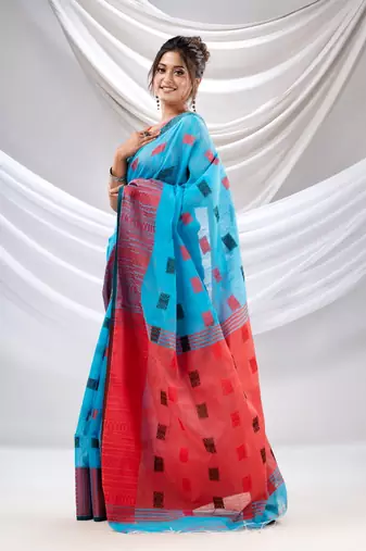 Sky Blue Cotton Handspun Soft Saree With Nakshi Design
