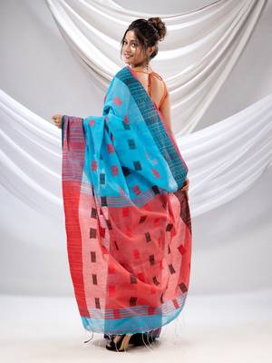 Sky Blue Cotton Handspun Soft Saree With Nakshi Design 4