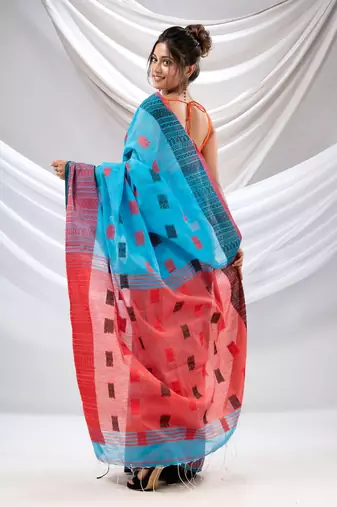 Sky Blue Cotton Handspun Soft Saree With Nakshi Design