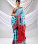 Sky Blue Cotton Handspun Soft Saree With Nakshi Design