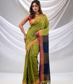 Sheen Green Cotton Handwoven Saree With Zari Borders
