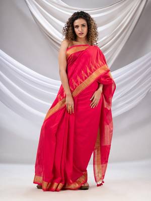 Hot Pink Cotton Handwoven Saree With Zari Borders 1