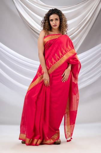Hot Pink Cotton Handwoven Saree With Zari Borders