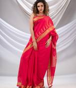 Hot Pink Cotton Handwoven Saree With Zari Borders
