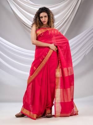 Hot Pink Cotton Handwoven Saree With Zari Borders 2