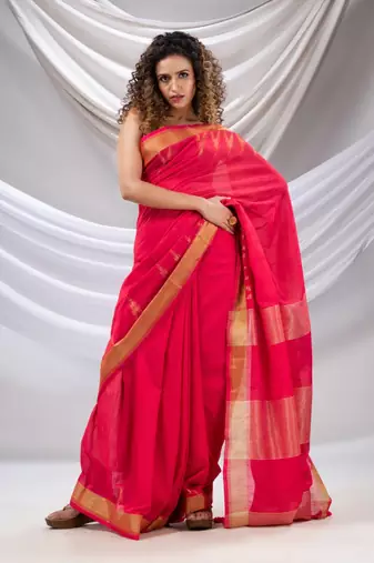 Hot Pink Cotton Handwoven Saree With Zari Borders