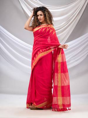 Hot Pink Cotton Handwoven Saree With Zari Borders 3