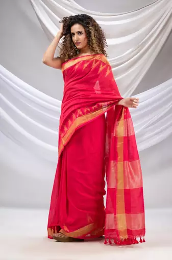 Hot Pink Cotton Handwoven Saree With Zari Borders