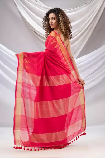 Hot Pink Cotton Handwoven Saree With Zari Borders