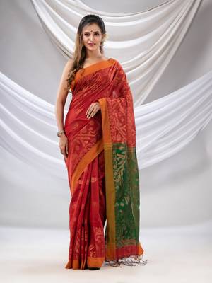 Red Cotton Blend Handwoven Saree With Jamdani Border 1