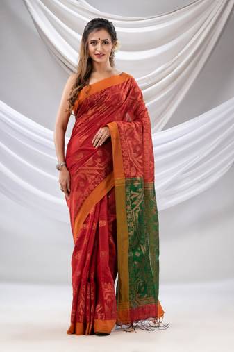 Red Cotton Blend Handwoven Saree With Jamdani Border