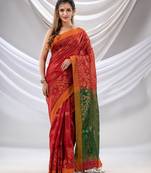Red Cotton Blend Handwoven Saree With Jamdani Border