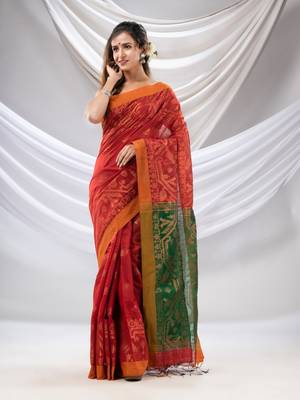 Red Cotton Blend Handwoven Saree With Jamdani Border 2