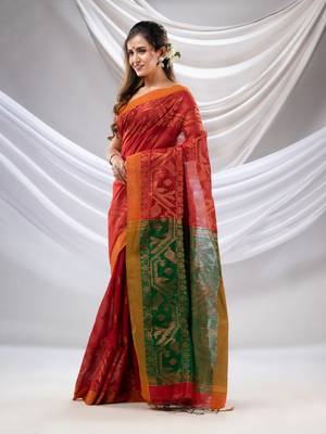Red Cotton Blend Handwoven Saree With Jamdani Border 3