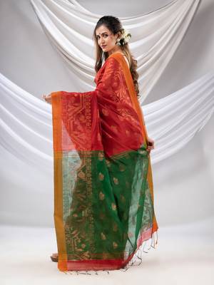 Red Cotton Blend Handwoven Saree With Jamdani Border 4