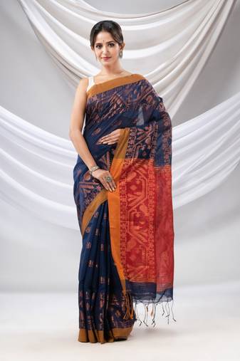 Navy Blue Cotton Blend Handwoven Saree With Jamdani Border