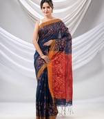 Navy Blue Cotton Blend Handwoven Saree With Jamdani Border