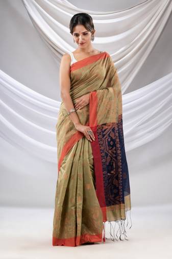 Ecru Cotton Blend Handwoven Saree With Jamdani Border