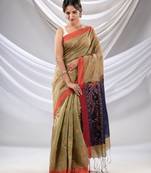 Ecru Cotton Blend Handwoven Saree With Jamdani Border