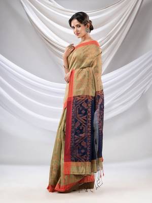 Ecru Cotton Blend Handwoven Saree With Jamdani Border 3