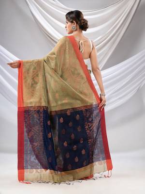 Ecru Cotton Blend Handwoven Saree With Jamdani Border 4