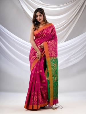 Fuchsia Cotton Blend Handwoven Saree With Jamdani Border 1