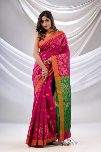Fuchsia Cotton Blend Handwoven Saree With Jamdani Border
