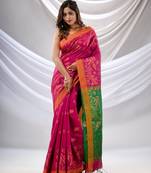 Fuchsia Cotton Blend Handwoven Saree With Jamdani Border