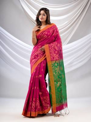 Fuchsia Cotton Blend Handwoven Saree With Jamdani Border 2