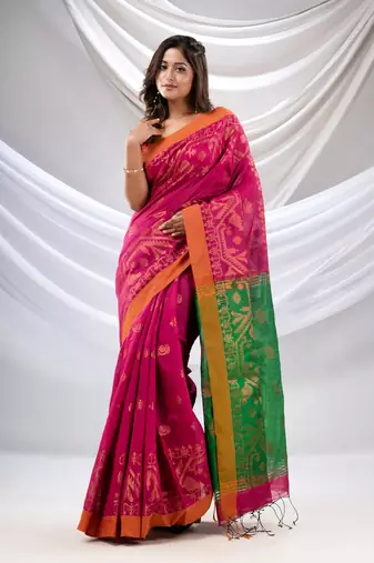 Fuchsia Cotton Blend Handwoven Saree With Jamdani Border