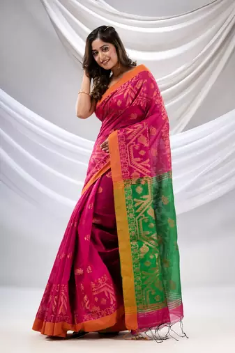 Fuchsia Cotton Blend Handwoven Saree With Jamdani Border