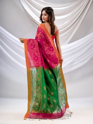 Fuchsia Cotton Blend Handwoven Saree With Jamdani Border 4