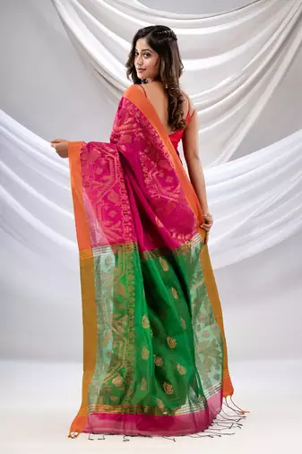 Fuchsia Cotton Blend Handwoven Saree With Jamdani Border
