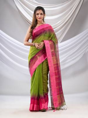 Parrot Green Cotton Blend Handwoven Saree With Ikkat Style 1