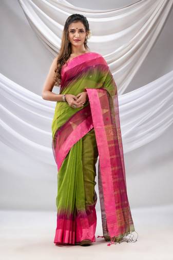 Parrot Green Cotton Blend Handwoven Saree With Ikkat Style
