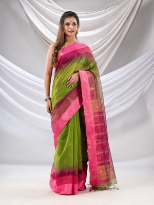 Parrot Green Cotton Blend Handwoven Saree With Ikkat Style 2