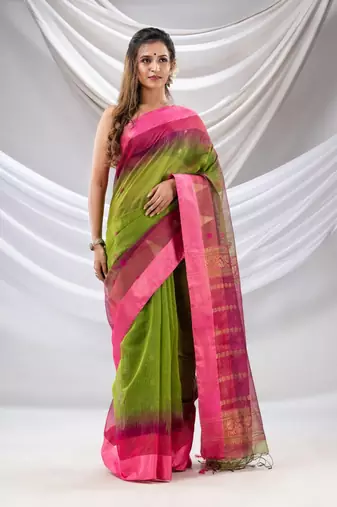 Parrot Green Cotton Blend Handwoven Saree With Ikkat Style
