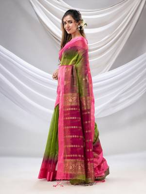 Parrot Green Cotton Blend Handwoven Saree With Ikkat Style 3
