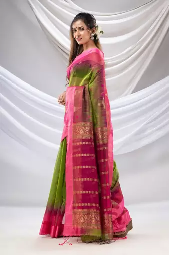 Parrot Green Cotton Blend Handwoven Saree With Ikkat Style