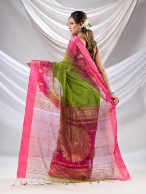 Parrot Green Cotton Blend Handwoven Saree With Ikkat Style 4