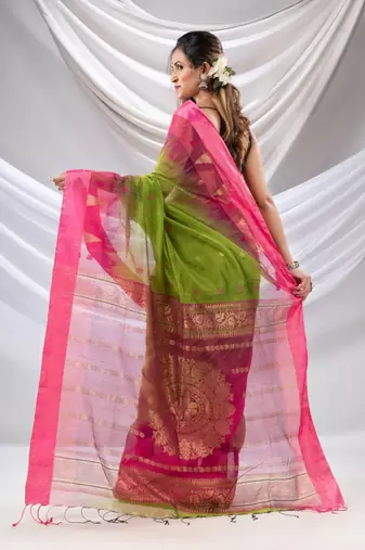 Parrot Green Cotton Blend Handwoven Saree With Ikkat Style