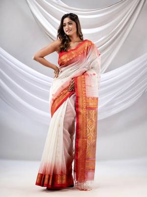 White Cotton Blend Handwoven Saree With Zari Woven Nakshi Border 1
