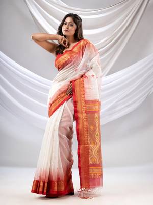 White Cotton Blend Handwoven Saree With Zari Woven Nakshi Border 2