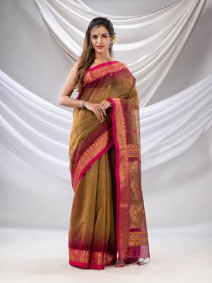 Ochre Cotton Blend Handwoven Saree With Zari Woven Nakshi Border 1