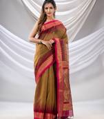 Ochre Cotton Blend Handwoven Saree With Zari Woven Nakshi Border