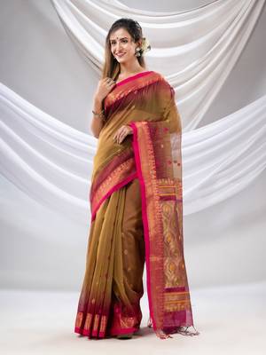 Ochre Cotton Blend Handwoven Saree With Zari Woven Nakshi Border 2