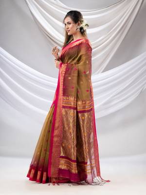 Ochre Cotton Blend Handwoven Saree With Zari Woven Nakshi Border 3